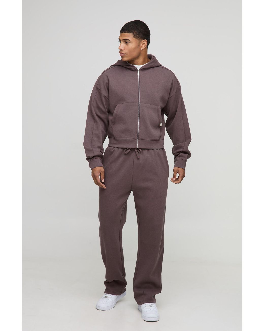 BoohooMAN Brown Shrunken Boxy Premium Interlock Zip Through Hoodie for men