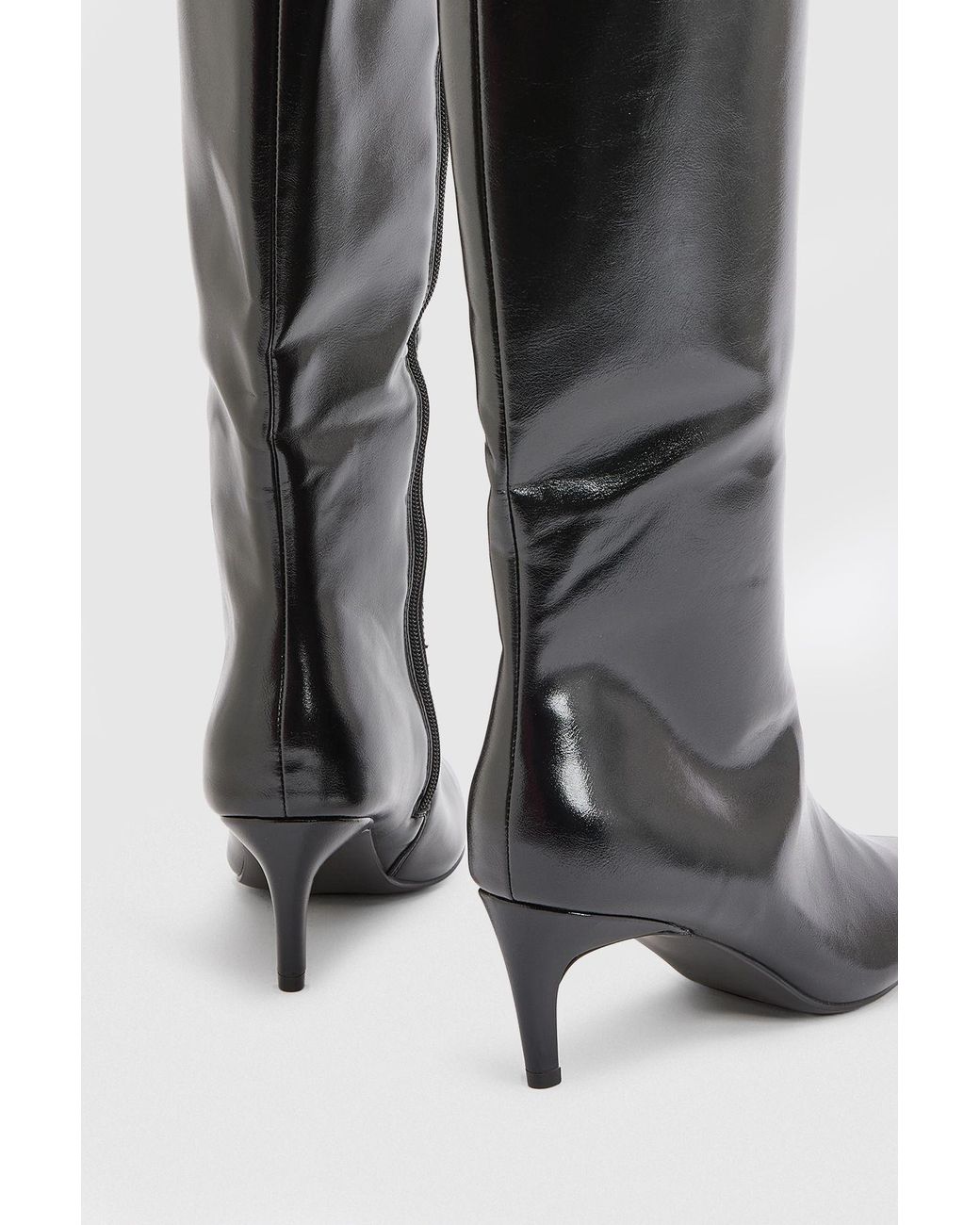 Faith Black Trixie Faux Leather Medium Stiletto Heel High Leg Boots