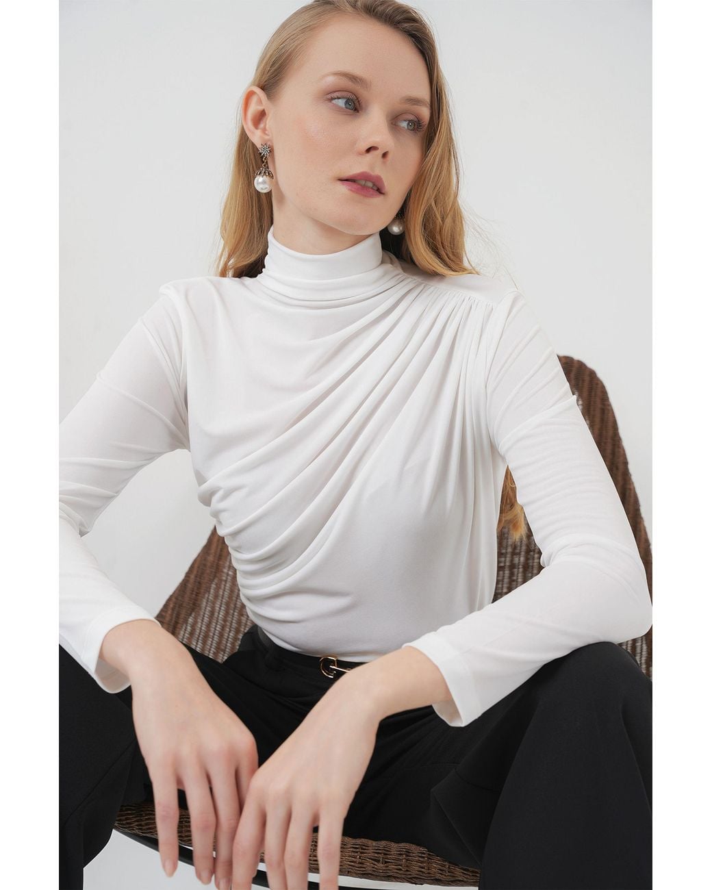 Bigdart Gray Fitted Turtleneck Blouse With Drape Detail