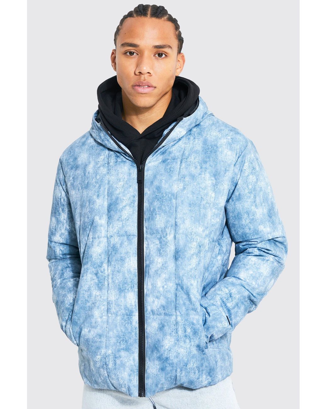 BoohooMAN Blue Tall Tie Dye Square Panel Hooded Puffer for men