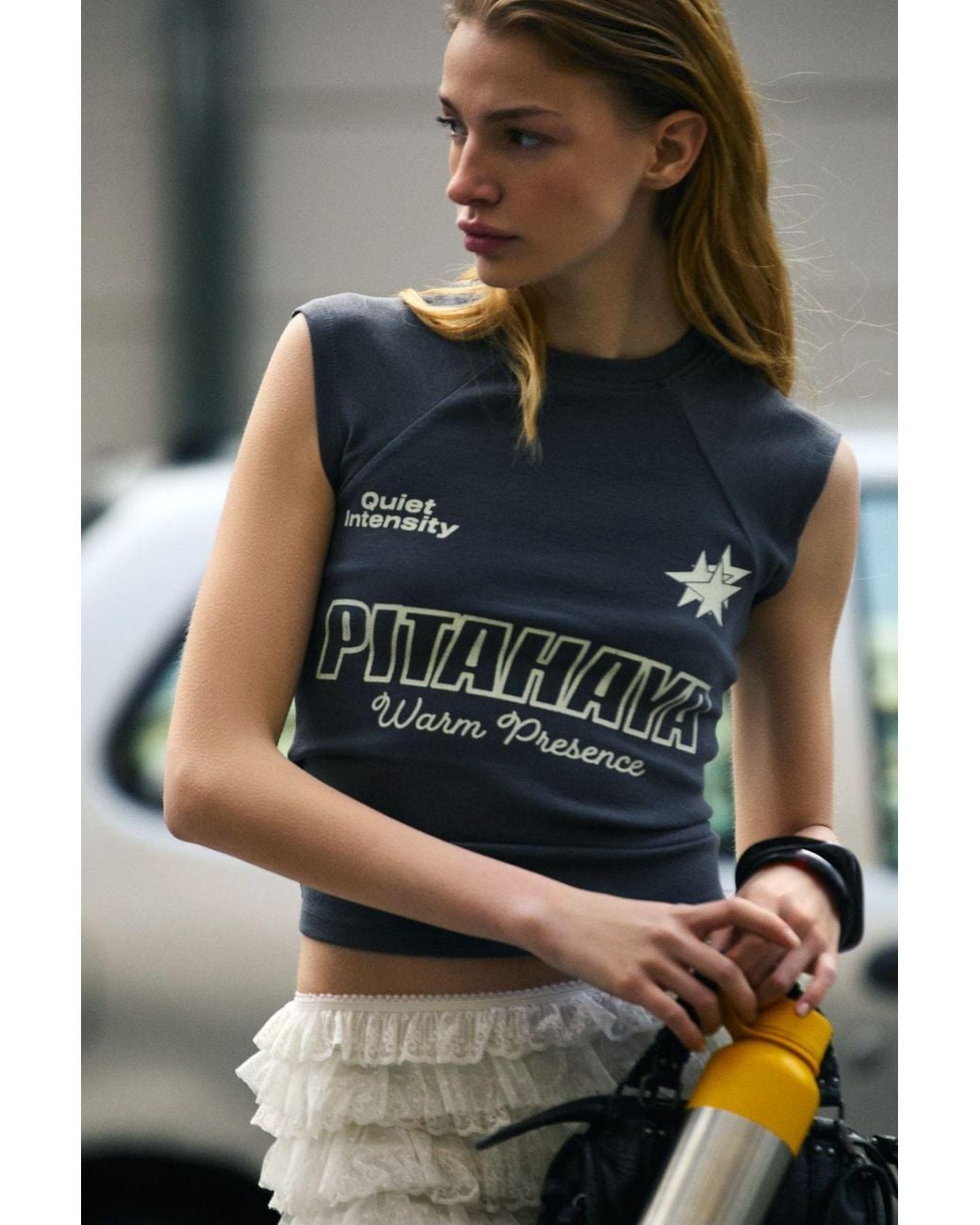 Grimelange Multicolor Crop Slim Fit Printed T-Shirt