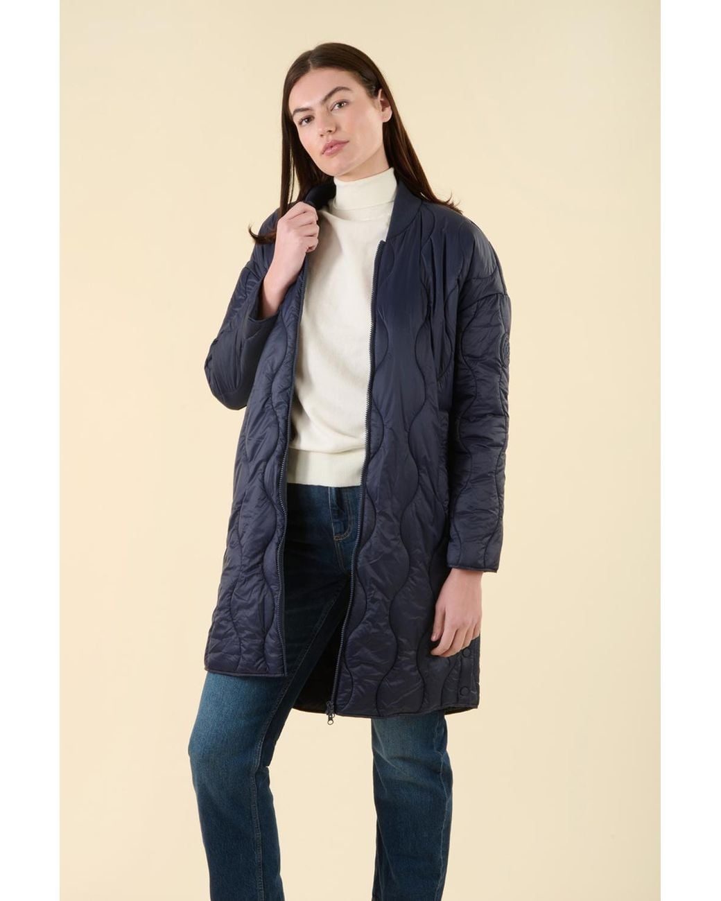 Harvey & Jones Blue Water Resistant Longline Onion Quilted Jacket Nylon