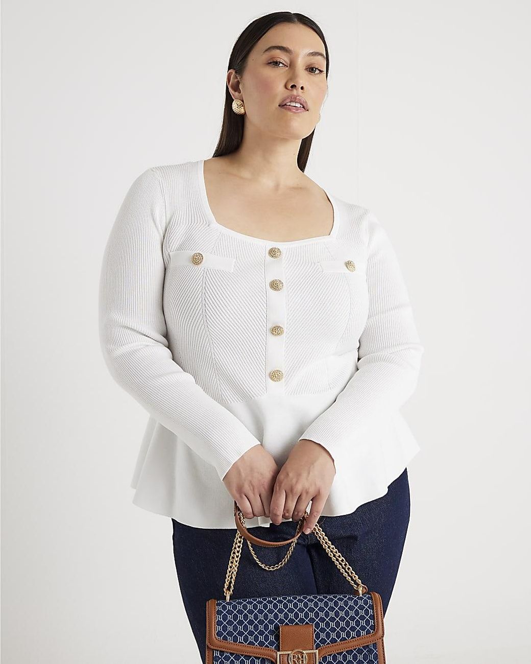 River Island White Top Peplum Knitted Long Sleeve