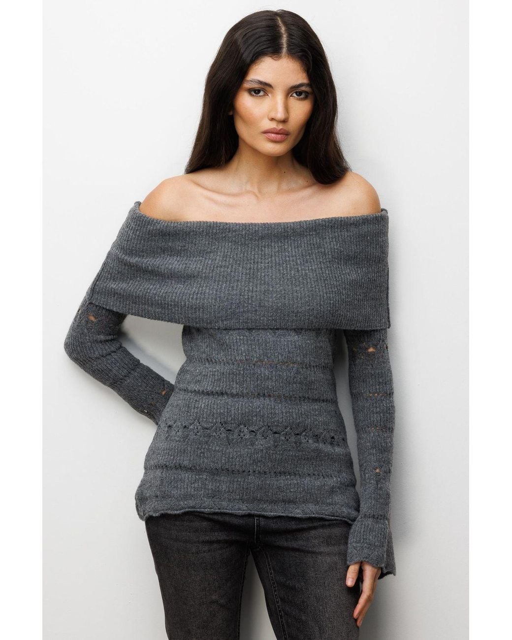 MixRay Gray Off Shoulder Textured Ribbed Sweater With Cut Out Details