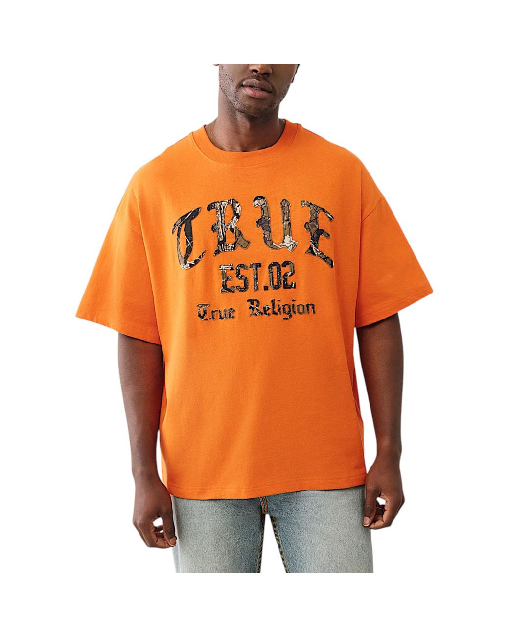 True Religion Orange Oversized T Shirts Drop Shoulder Tee for men