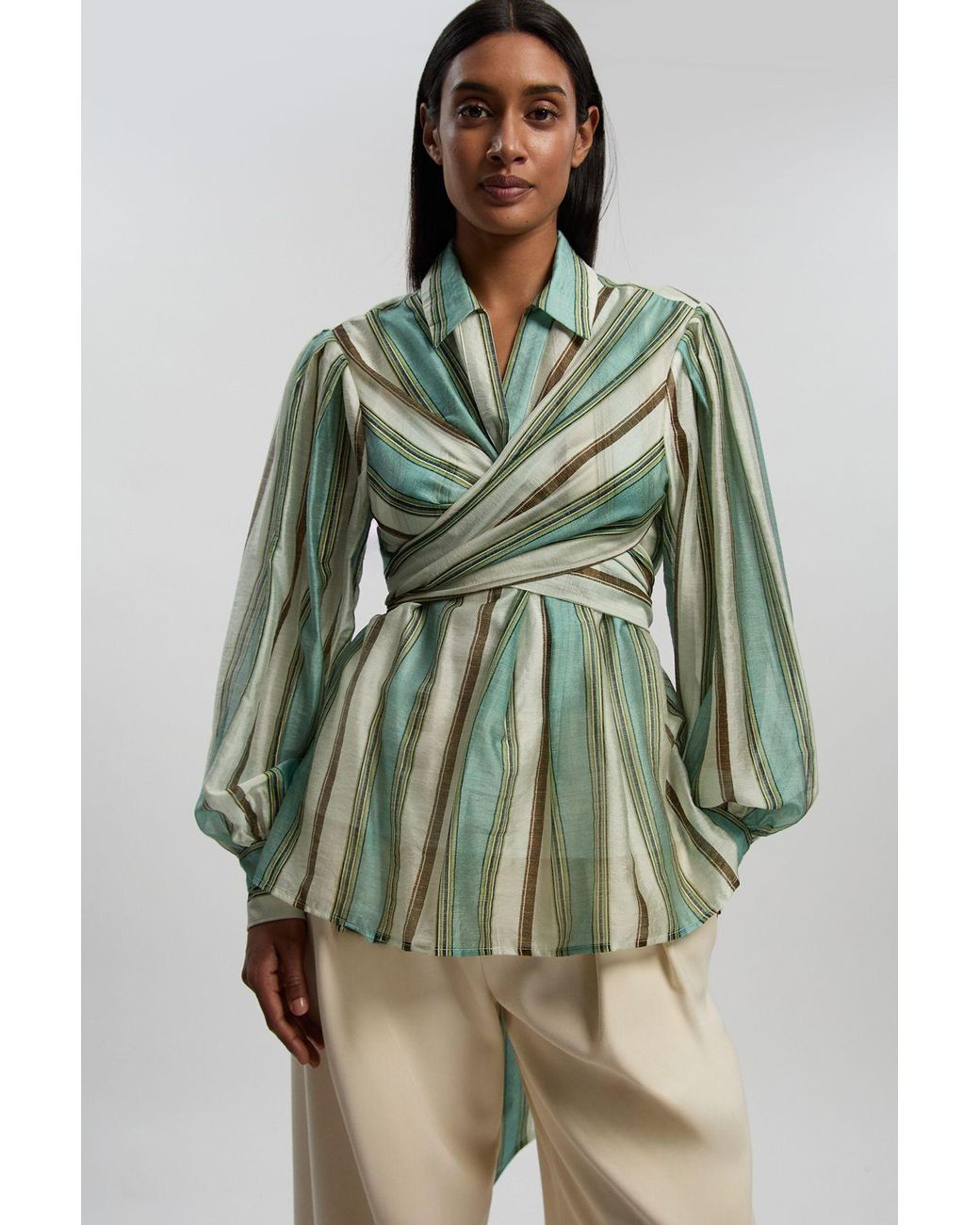 Karen Millen Green Stripe Slub Organdie Drama Sleeve Woven Wrap Detail Blouse