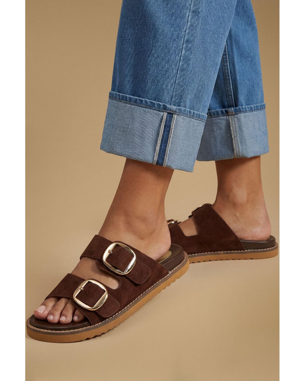 Oasis Blue Louisa Faux Suede Double Buckle Strap Footbed Sandals