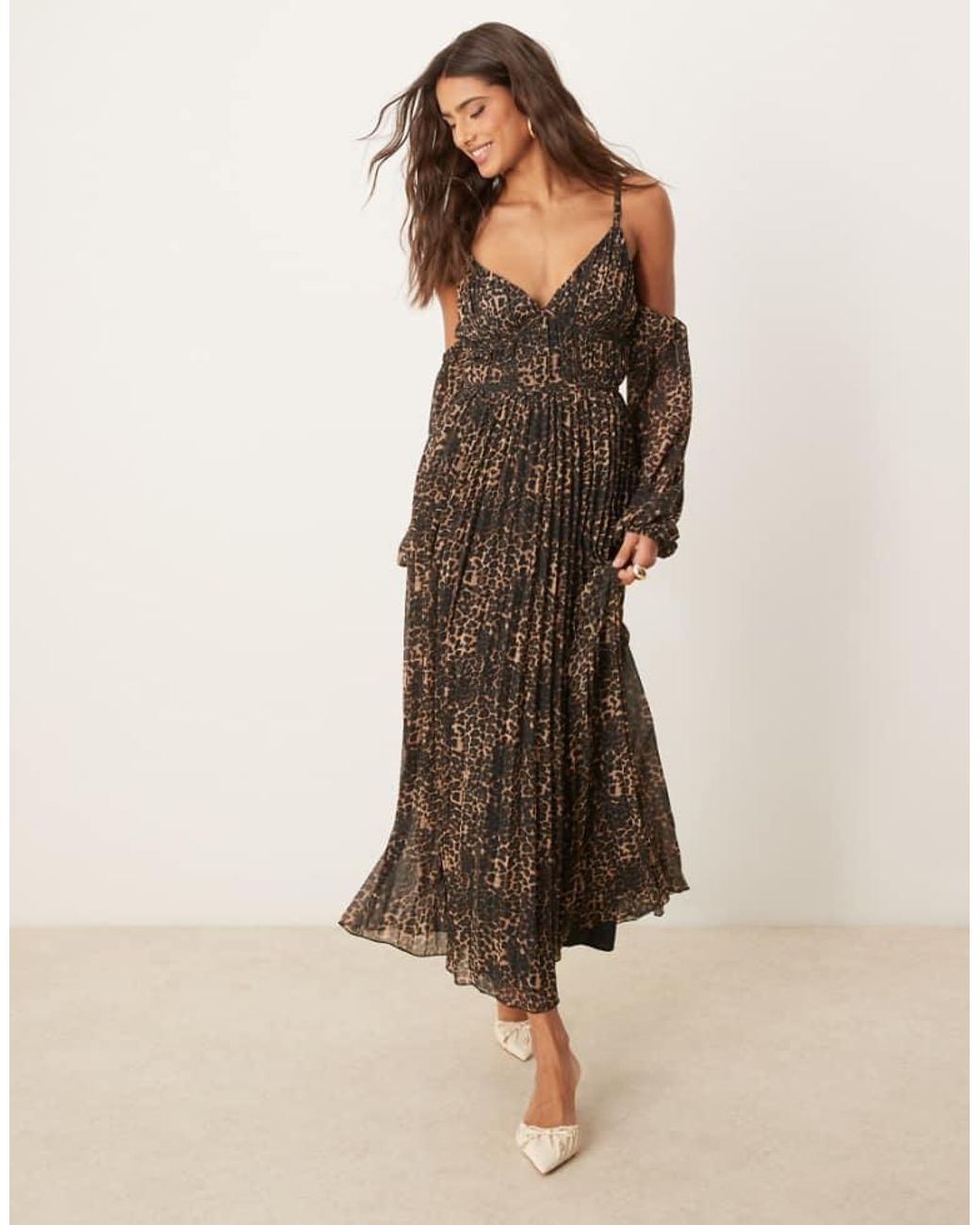 ASOS Natural Plunge Bardot Pleated Midaxi Dress