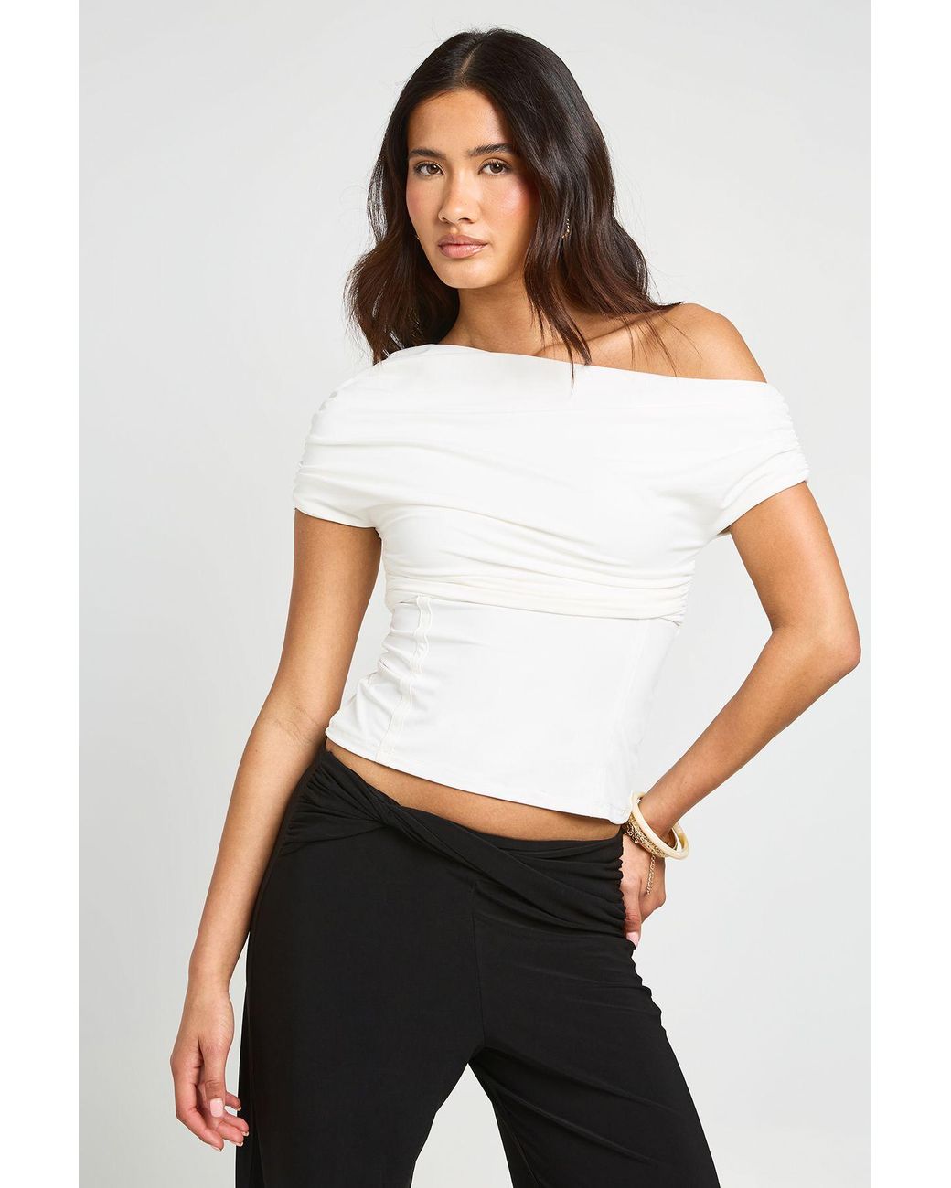 Boohoo White Ruched Shoulder Layered Top