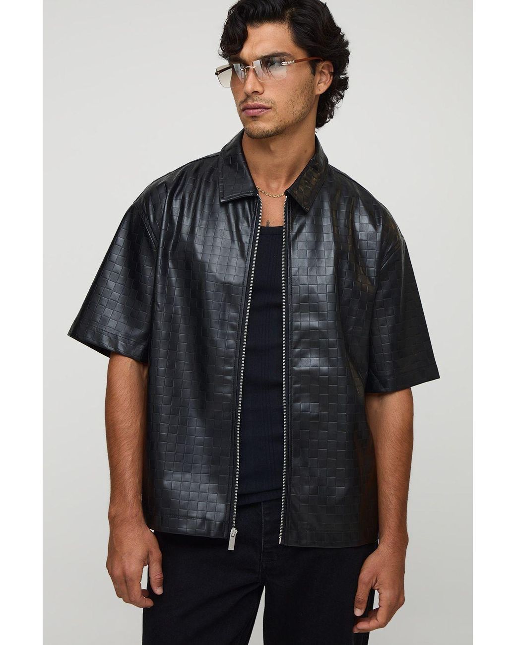 BoohooMAN Black Oversized Short Sleeve Pu Collared Overshirt for men