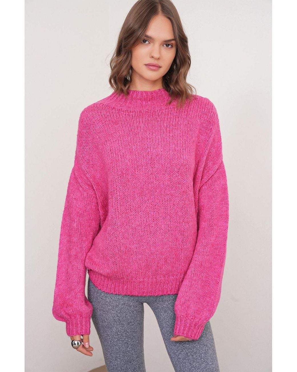 MixRay Pink Relaxed Fit Crew Neck Thick Knit Sweater