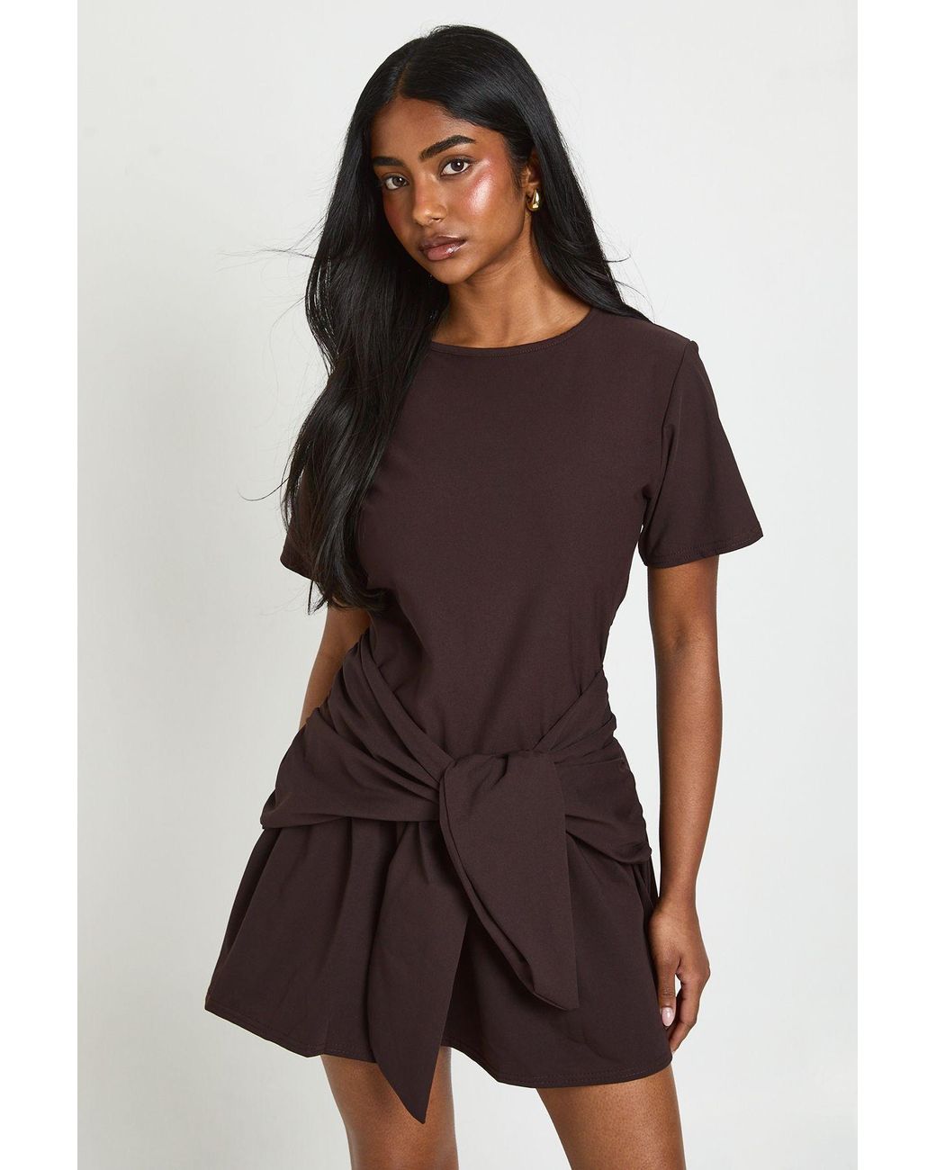 Boohoo Brown Tie Waist Long Sleeve Smock Dress