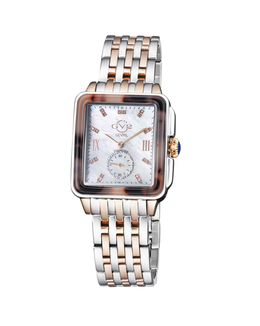 Gevril White Gv2 Bari Tortoise Mother Of Pearl Dial Two Tone Ip Rose Bracelet Swiss Quartz Diamond Watch