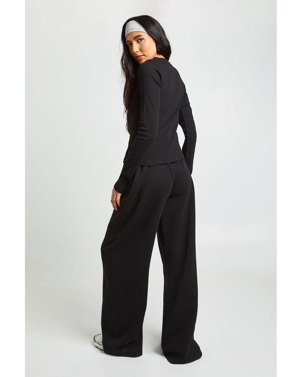 Boohoo Black Tall Rib Button Through Long Sleeve Top Tracksuit