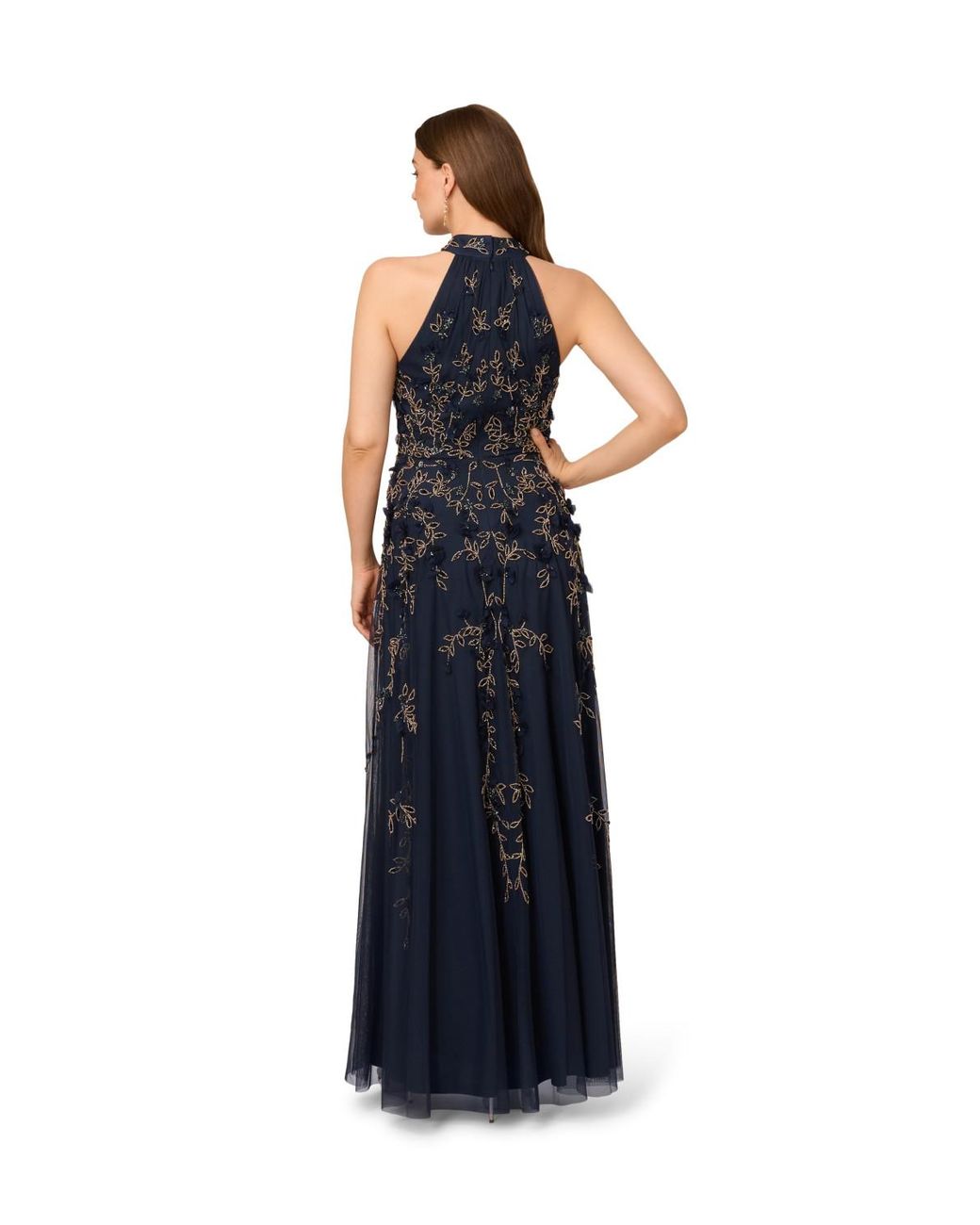 Adrianna Papell Blue Beaded Petal Long Dress