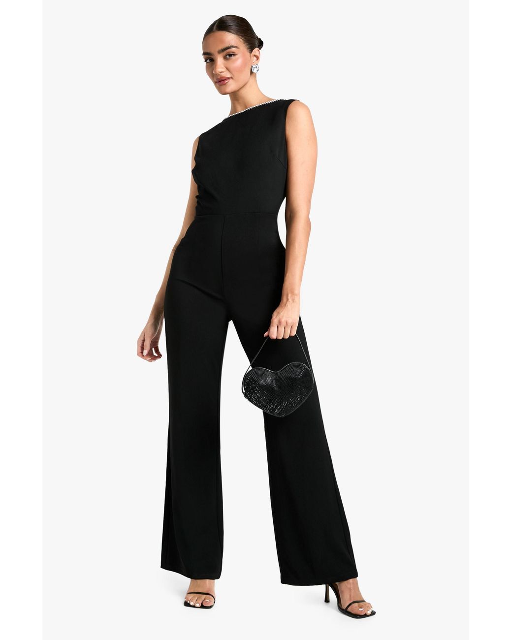 Boohoo Black Diamante Trim Low Back Jumpsuit