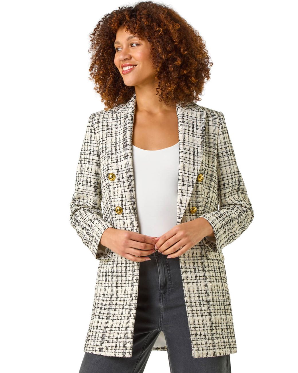 Roman Gray Longline Checkered Boucle Jacket