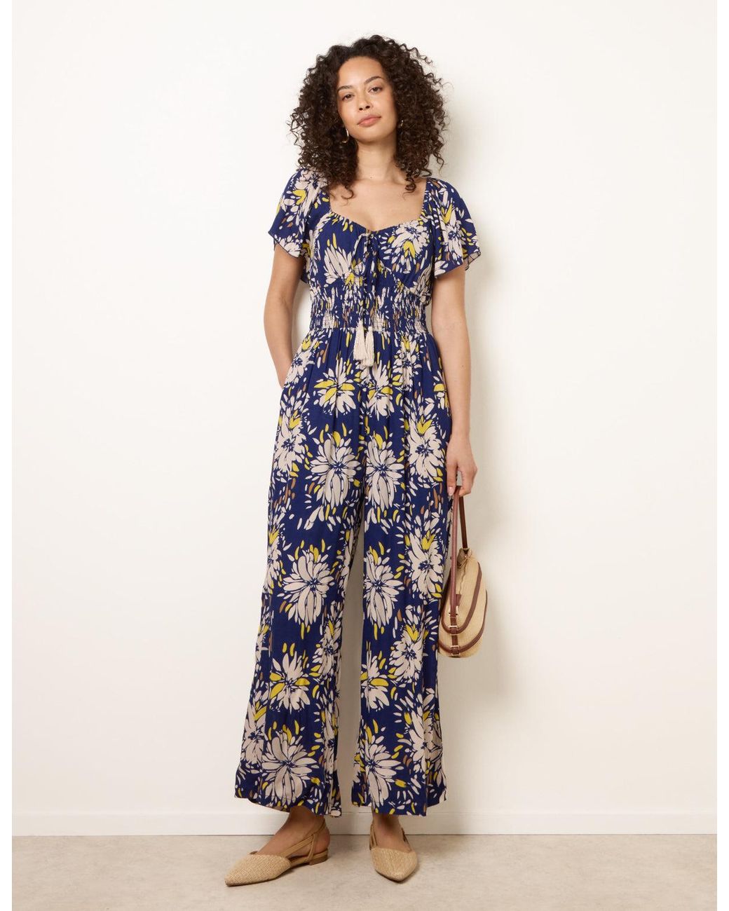 Blue Vanilla Blue Shirred Waist Wide Leg Jumpsuit
