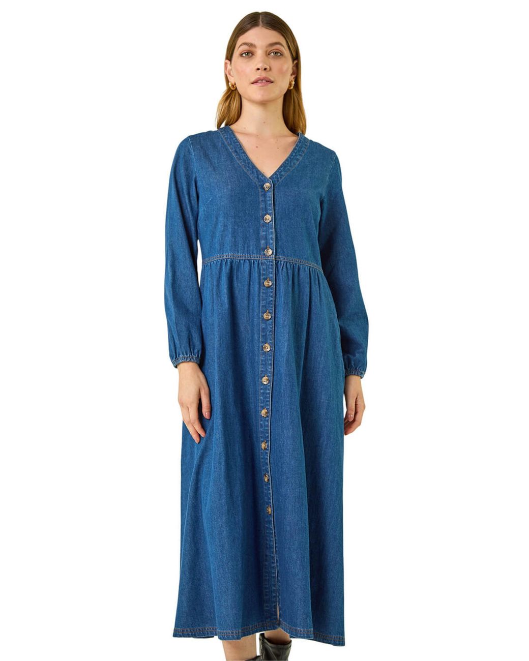 Roman Blue Denim Button Through Midi Dress