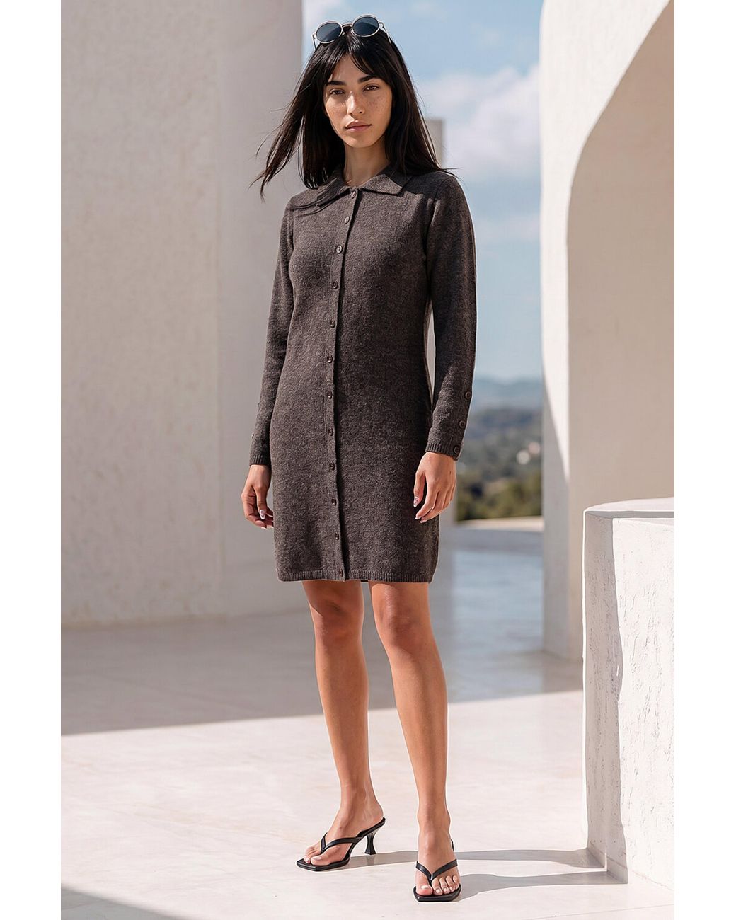 Roman Brown Petite Collared Knit Shift Dress