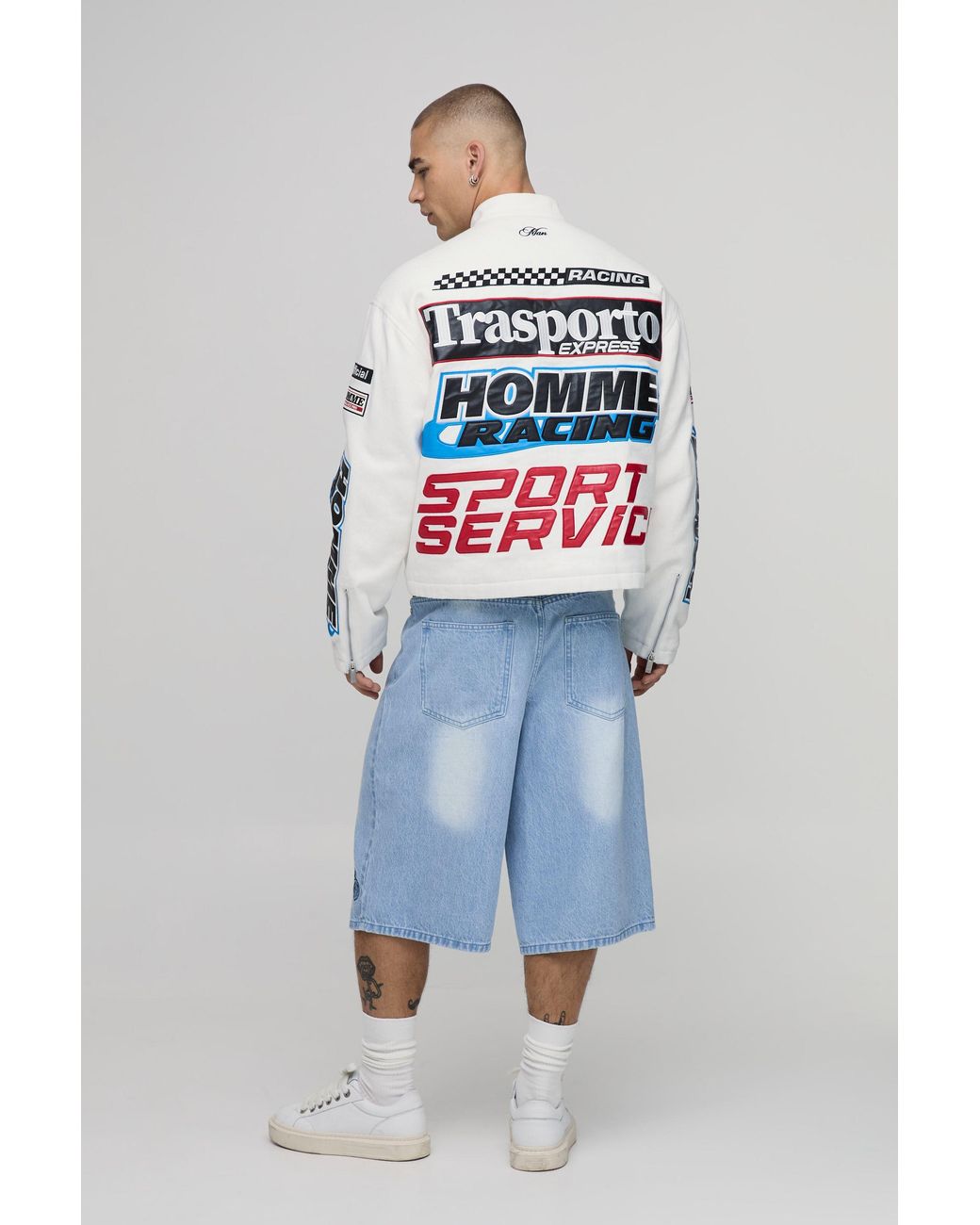 BoohooMAN Blue Washed Longline Embroidered Jorts for men