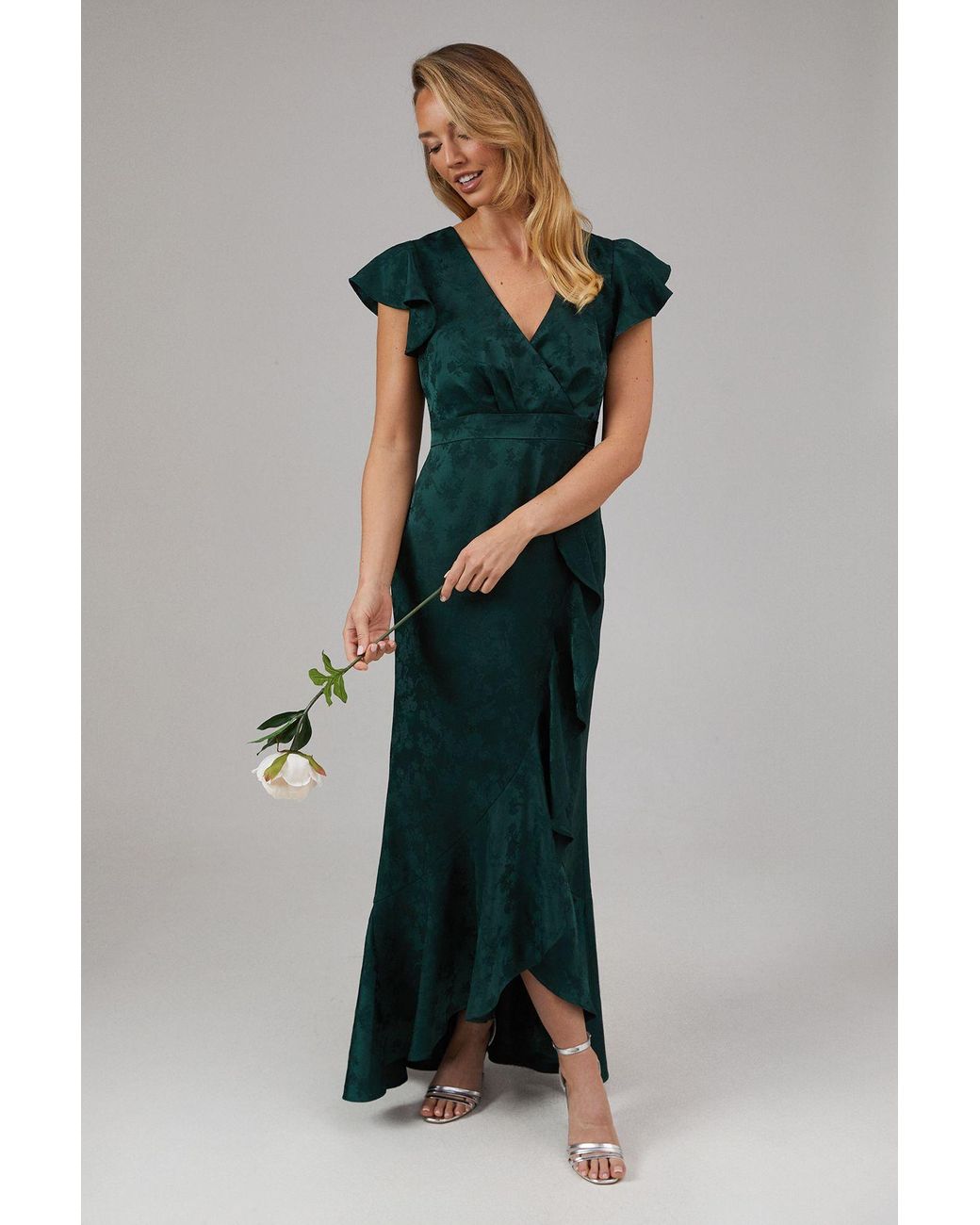 Oasis Satin Jacquard Ruffle Hem Midaxi Bridesmaids Dress in Green | Lyst UK