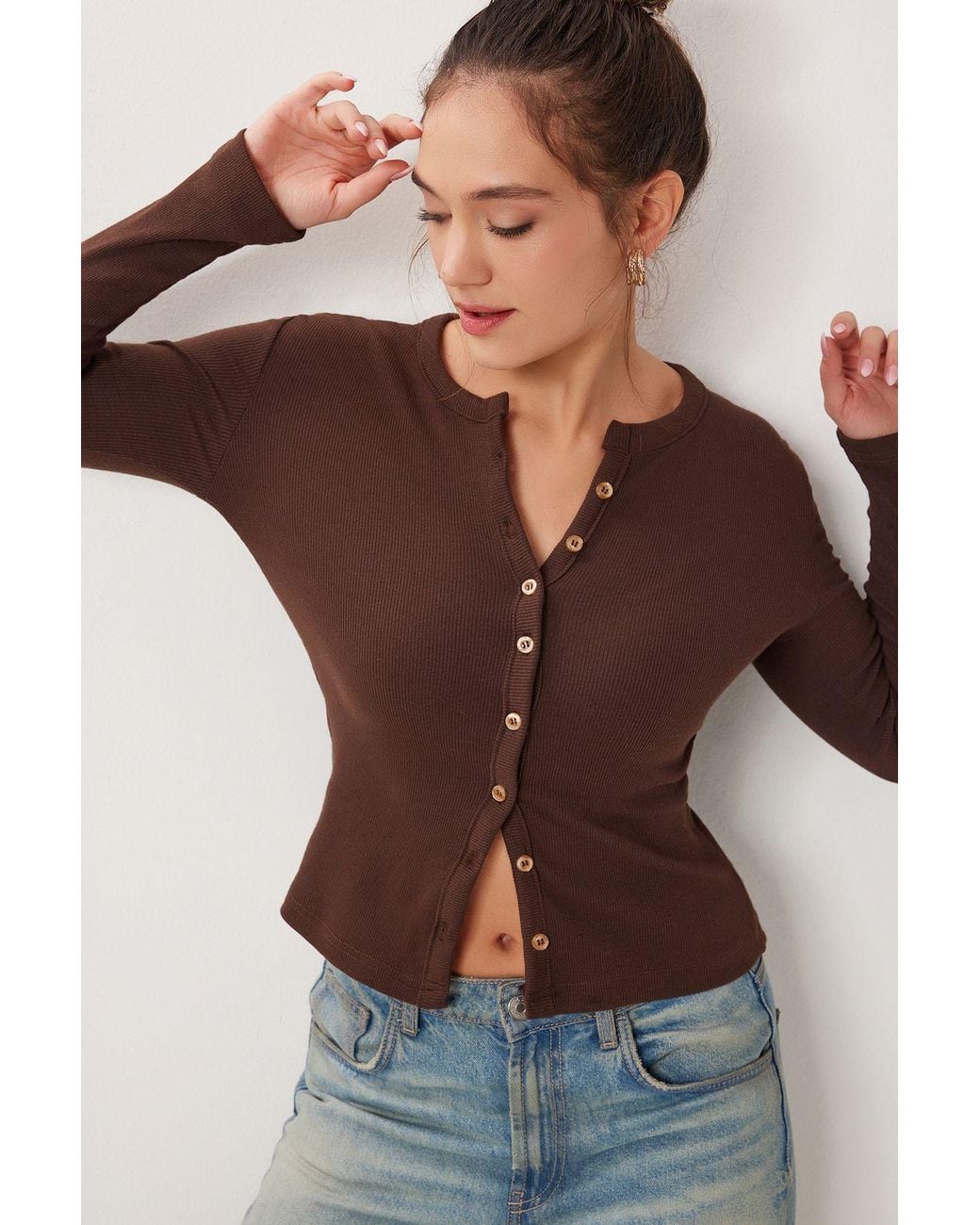 Happiness İstanbul Brown Slim Fit Ribbed Knit Cardigan