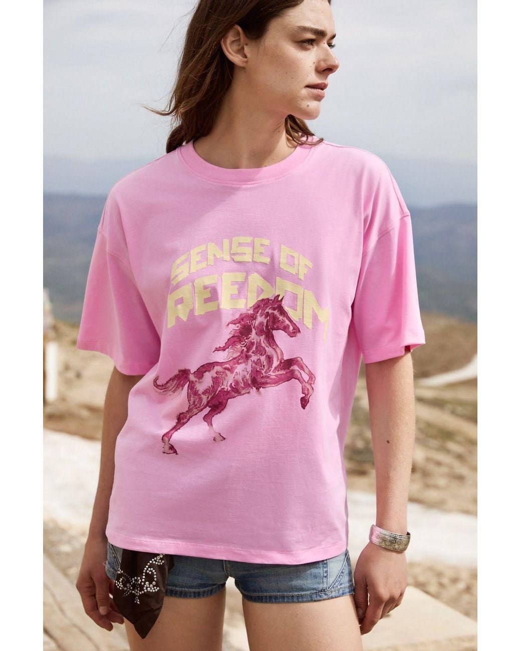 Grimelange Pink Oversized Crew Neck Printed T-Shirt