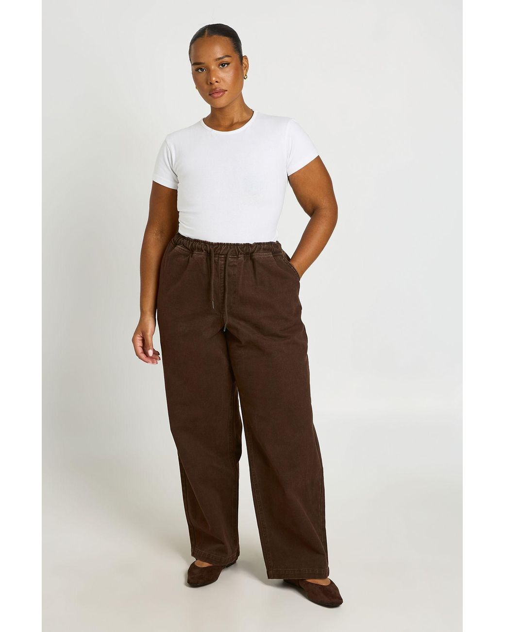 Boohoo Brown Plus Elasticated Waist Wide Leg Jean