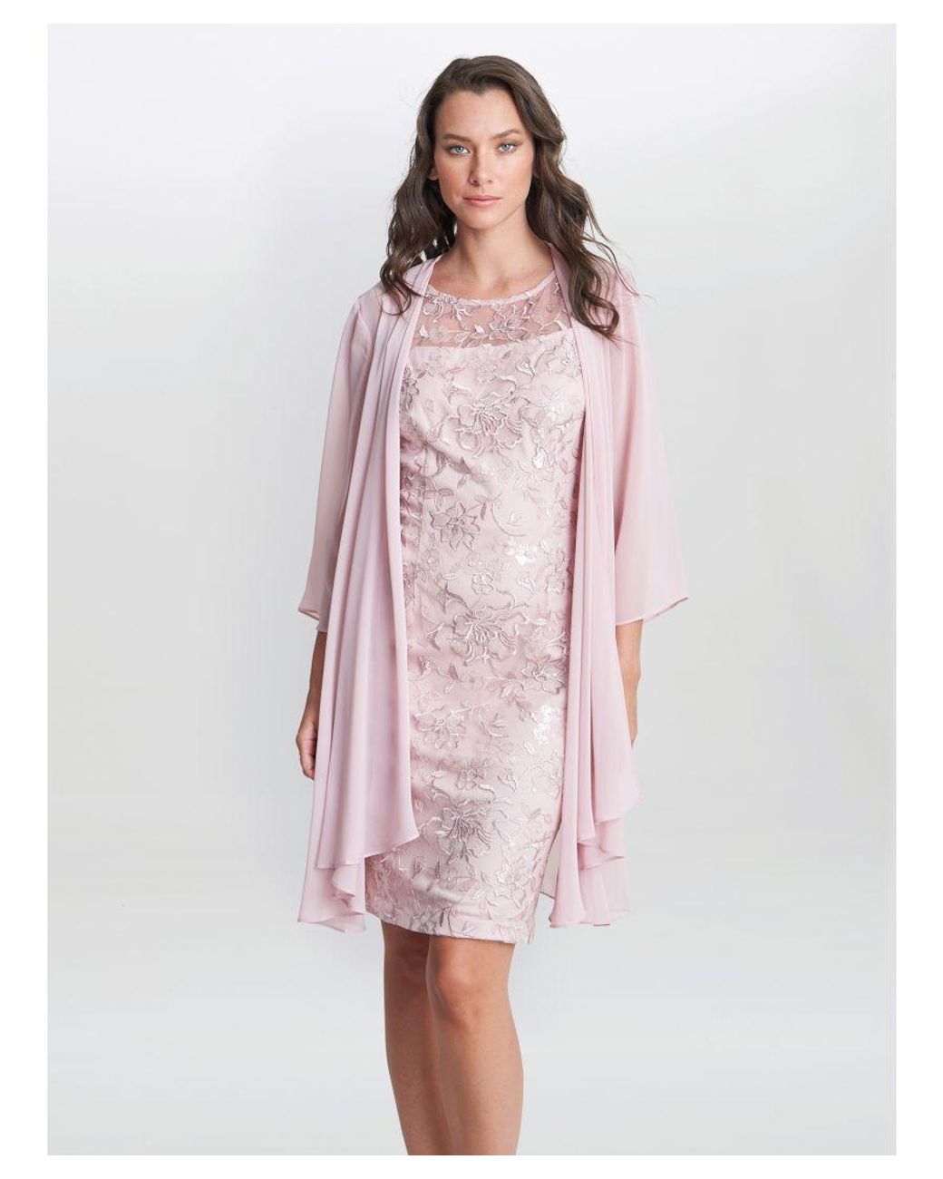 Gina Bacconi Pink Hayley Embroidered Dress With Matching Chiffon Jacket