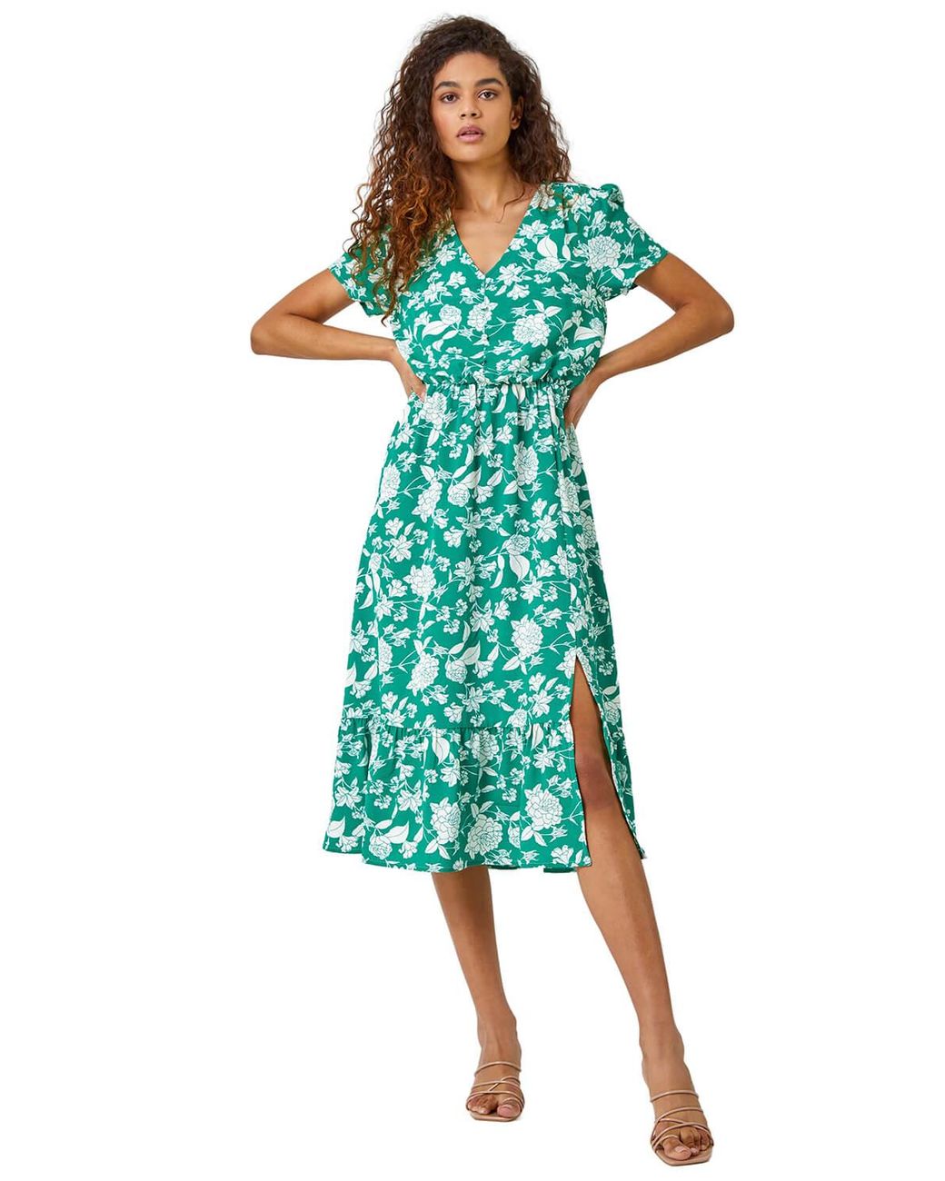 Roman Green Floral Button Through Midi Dress
