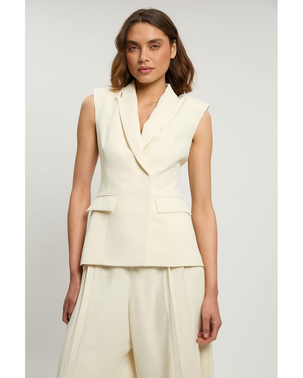 Karen Millen Natural Petite Tailored Crepe Asymmetric Pleat Wide Leg Jumpsuit