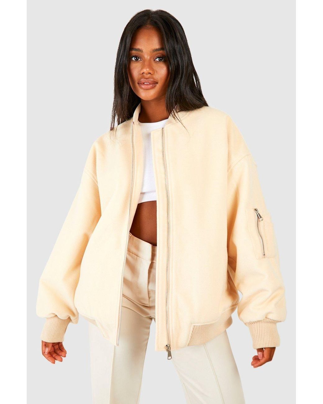 Boohoo Natural Oversized Wool Look Bomber Jacket