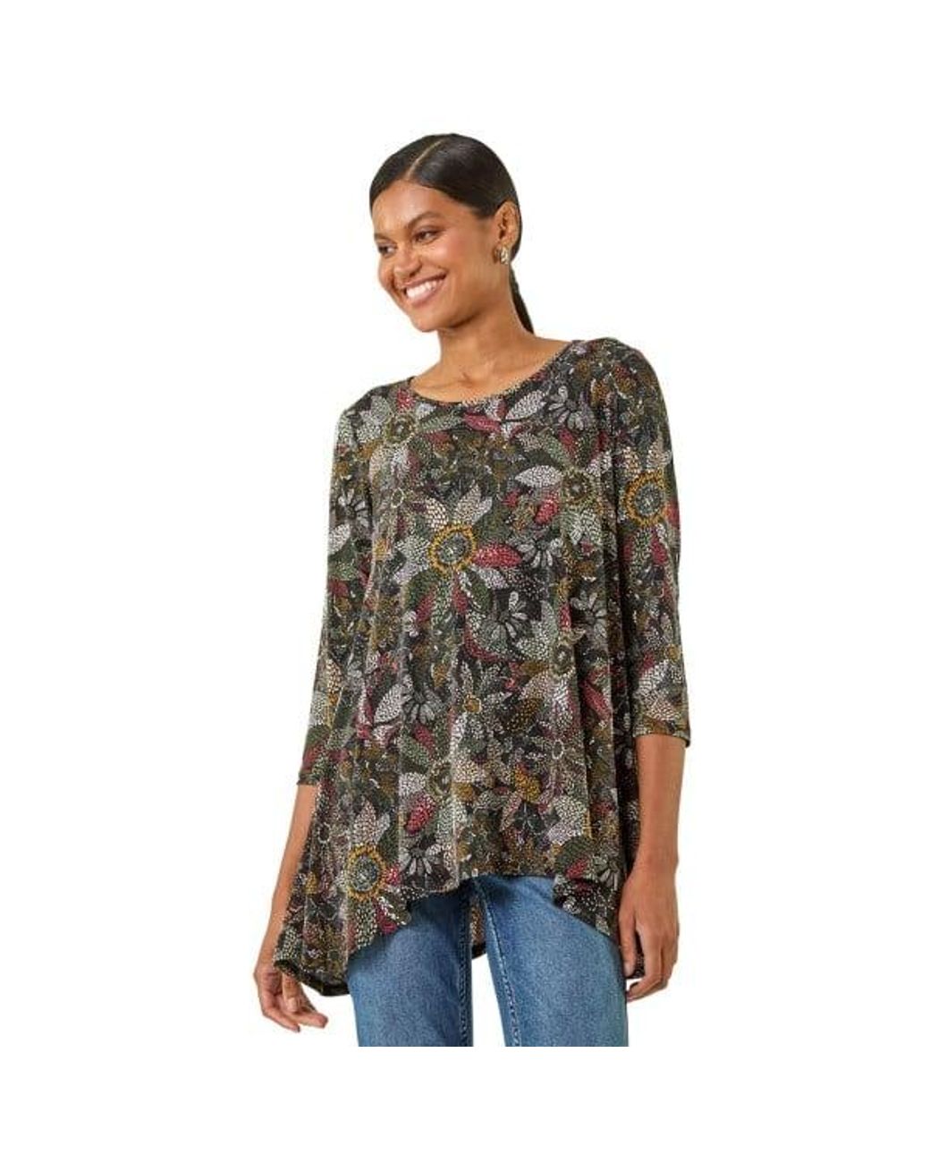 Roman Black Floral Puff Print Stretch Shirt