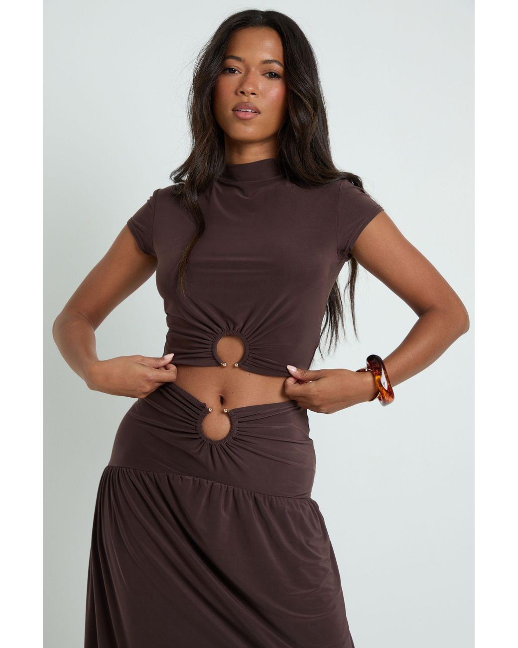 Boohoo Brown Double Layer Slinky Cropped Top With Ring Triim