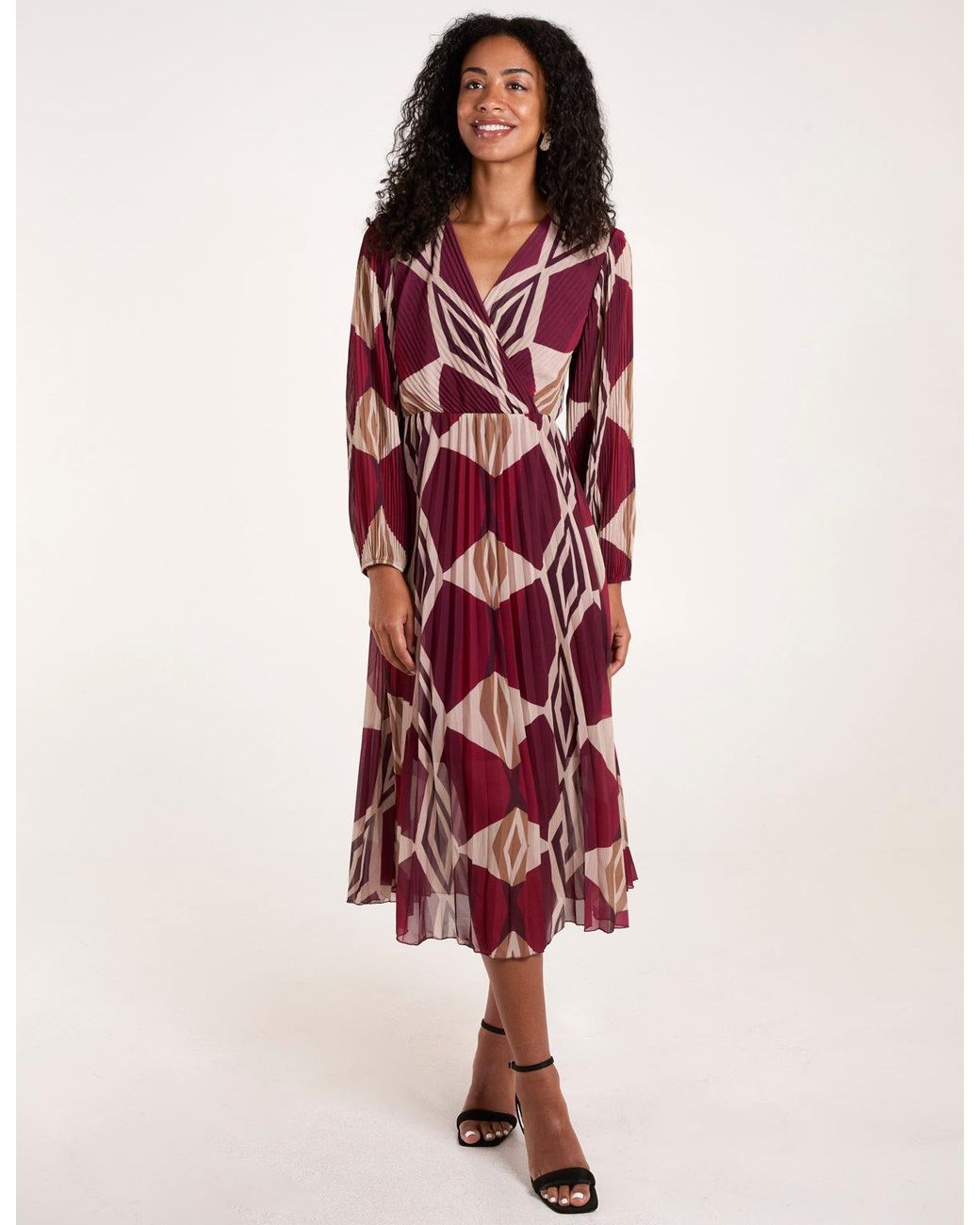 Blue Vanilla Red Wrap Front Pleated Geometric Midi Dress