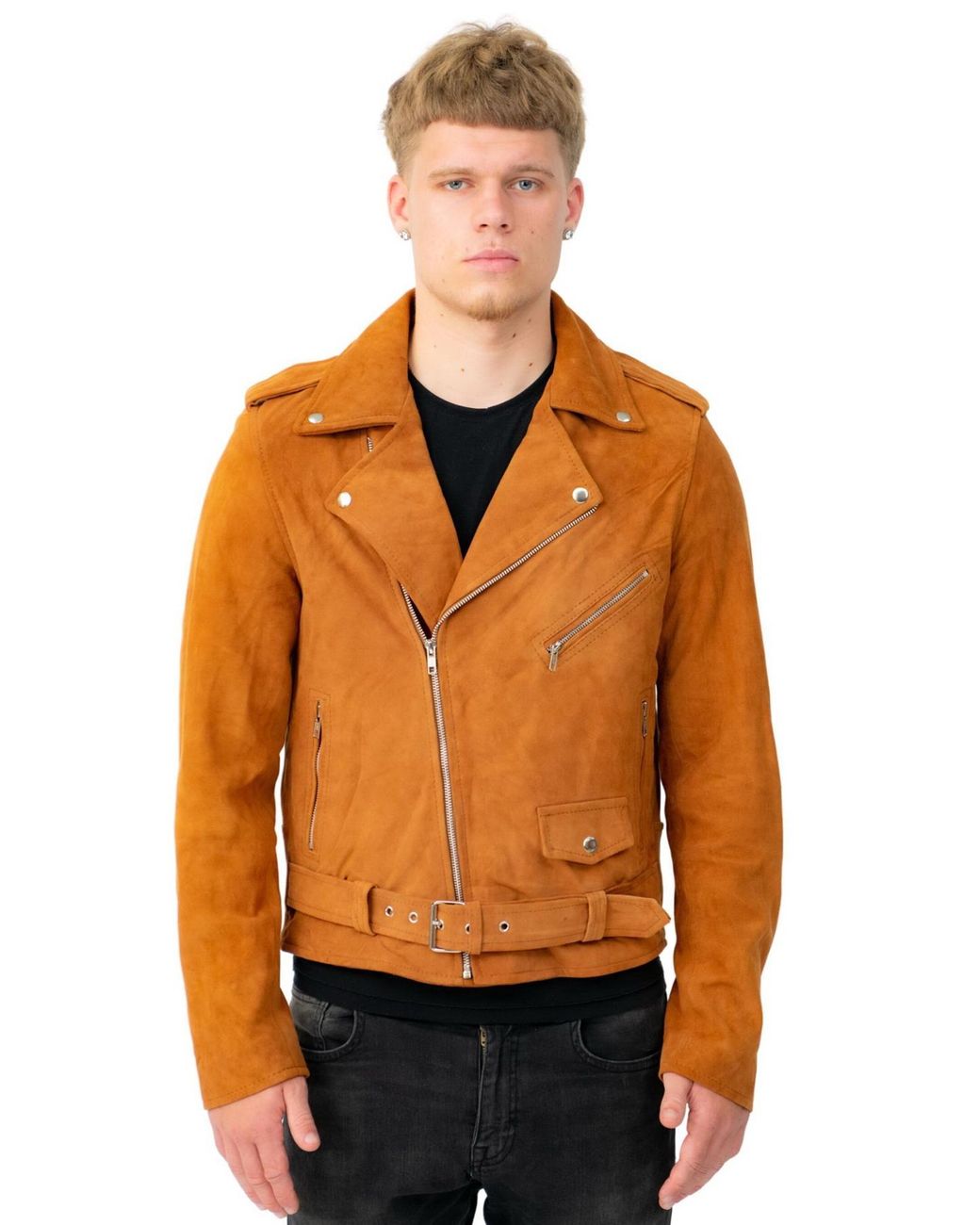 Infinity Leather Orange Goat Suede Brando Biker Jacket-Melbourne for men