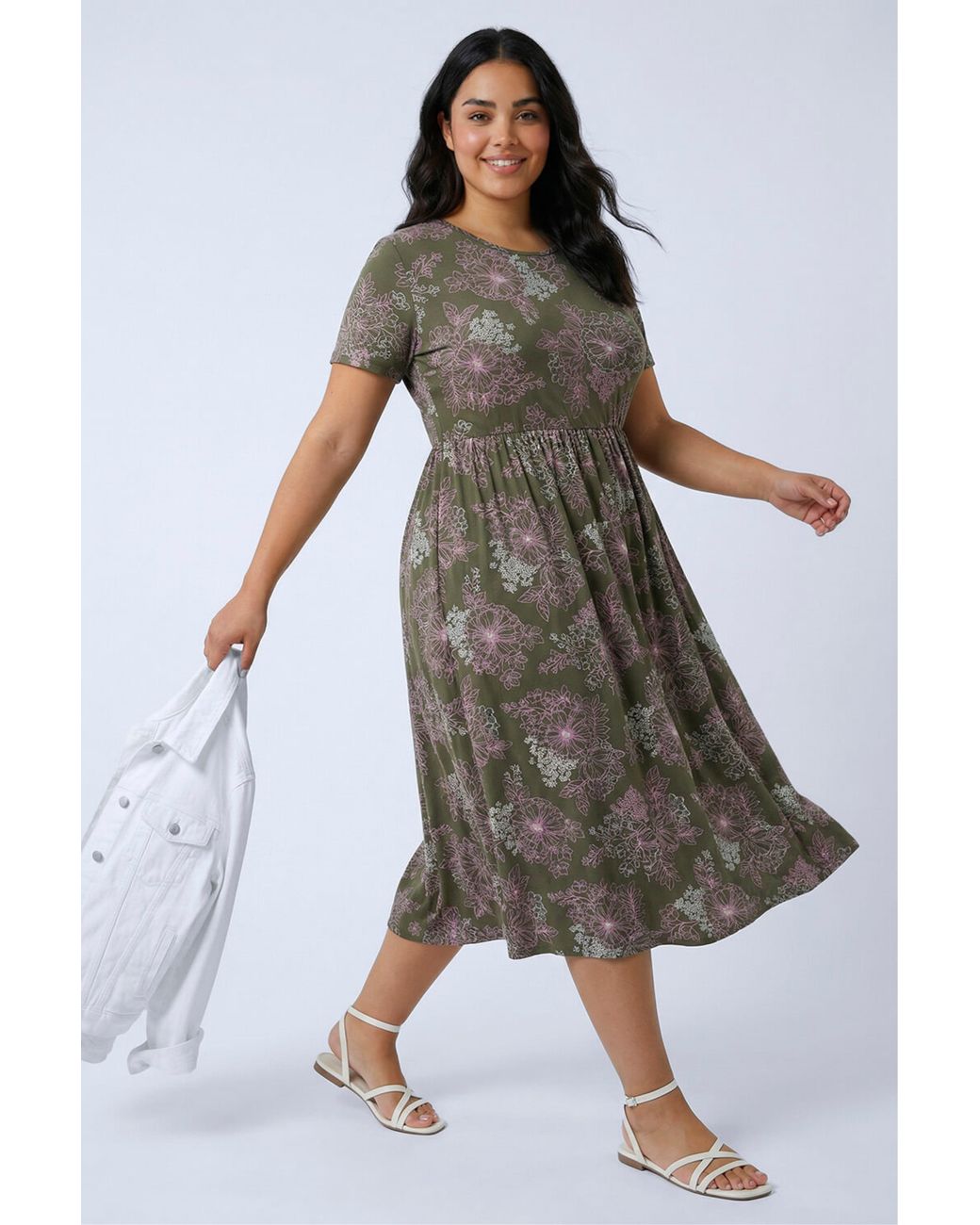 Roman Green Curve Floral Gathered Pocket Midi Dress