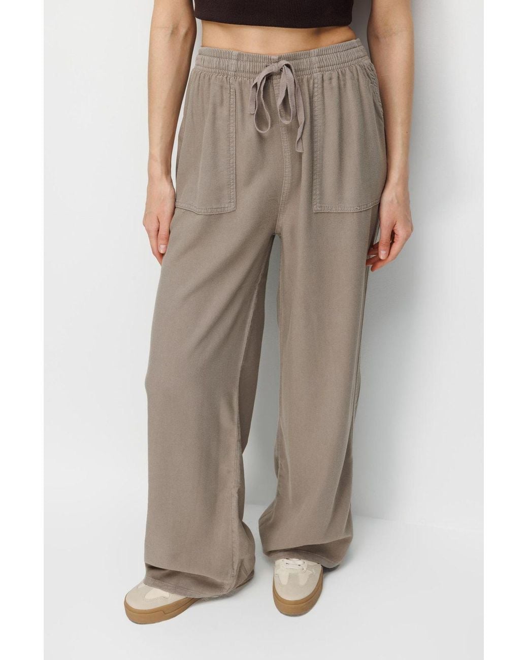 MixRay Black Mid Waist Straight Leg Cotton Pants With Tie Closure