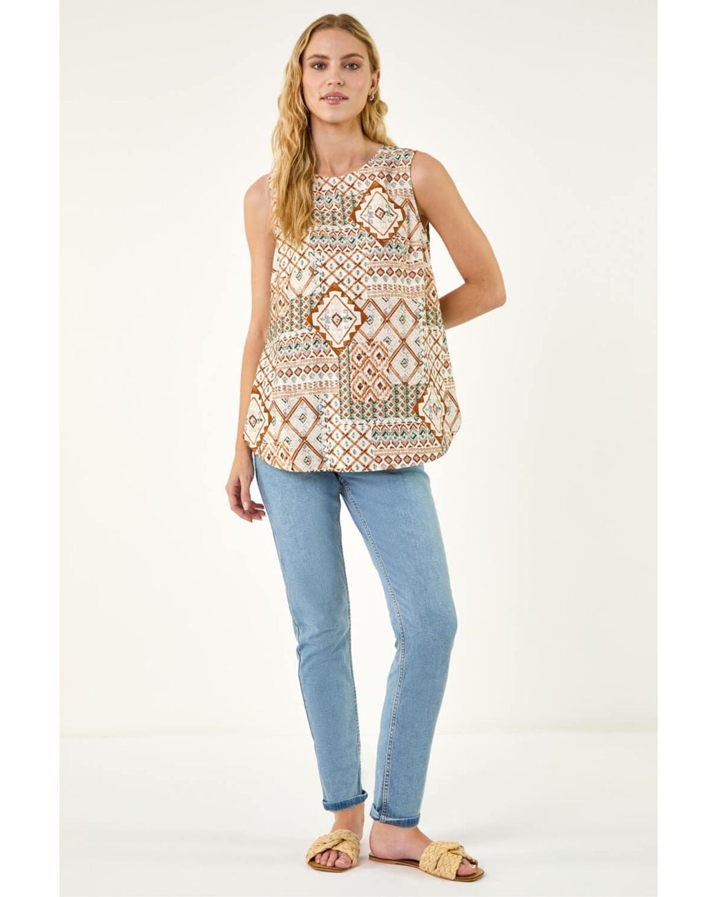 Roman Blue Patchwork Geometric Vest Top