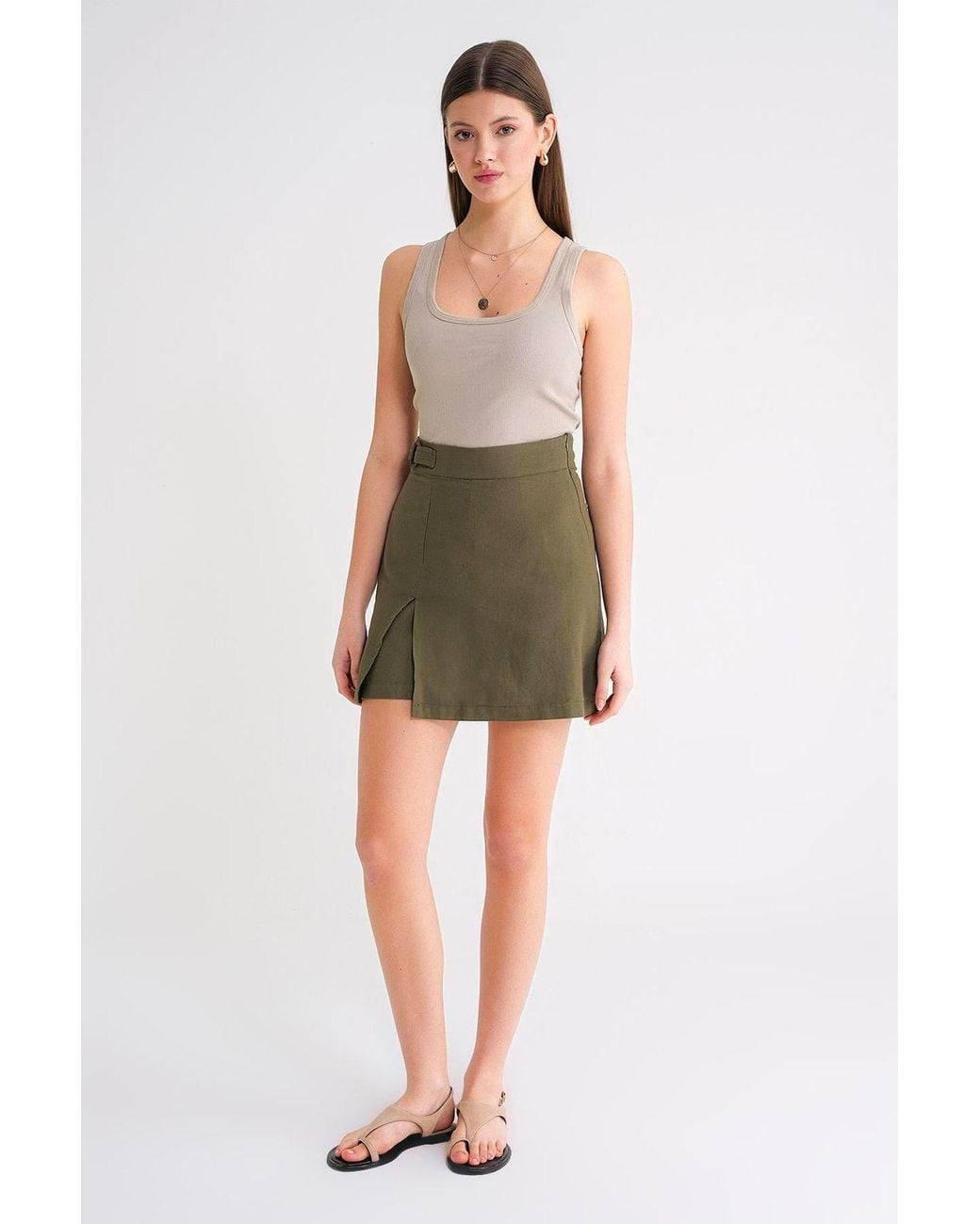 MixRay Green Belted High-Waist Wrap Front Shorts With Slit Detail