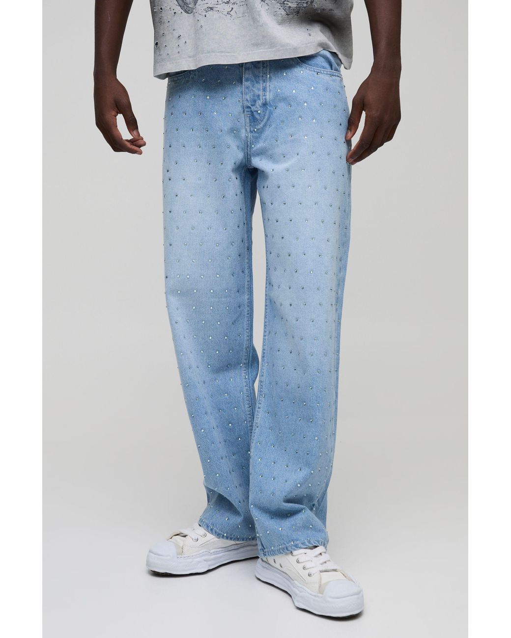 BoohooMAN Blue Relaxed Fit All Over Rhinestone Embellished Jeans for men