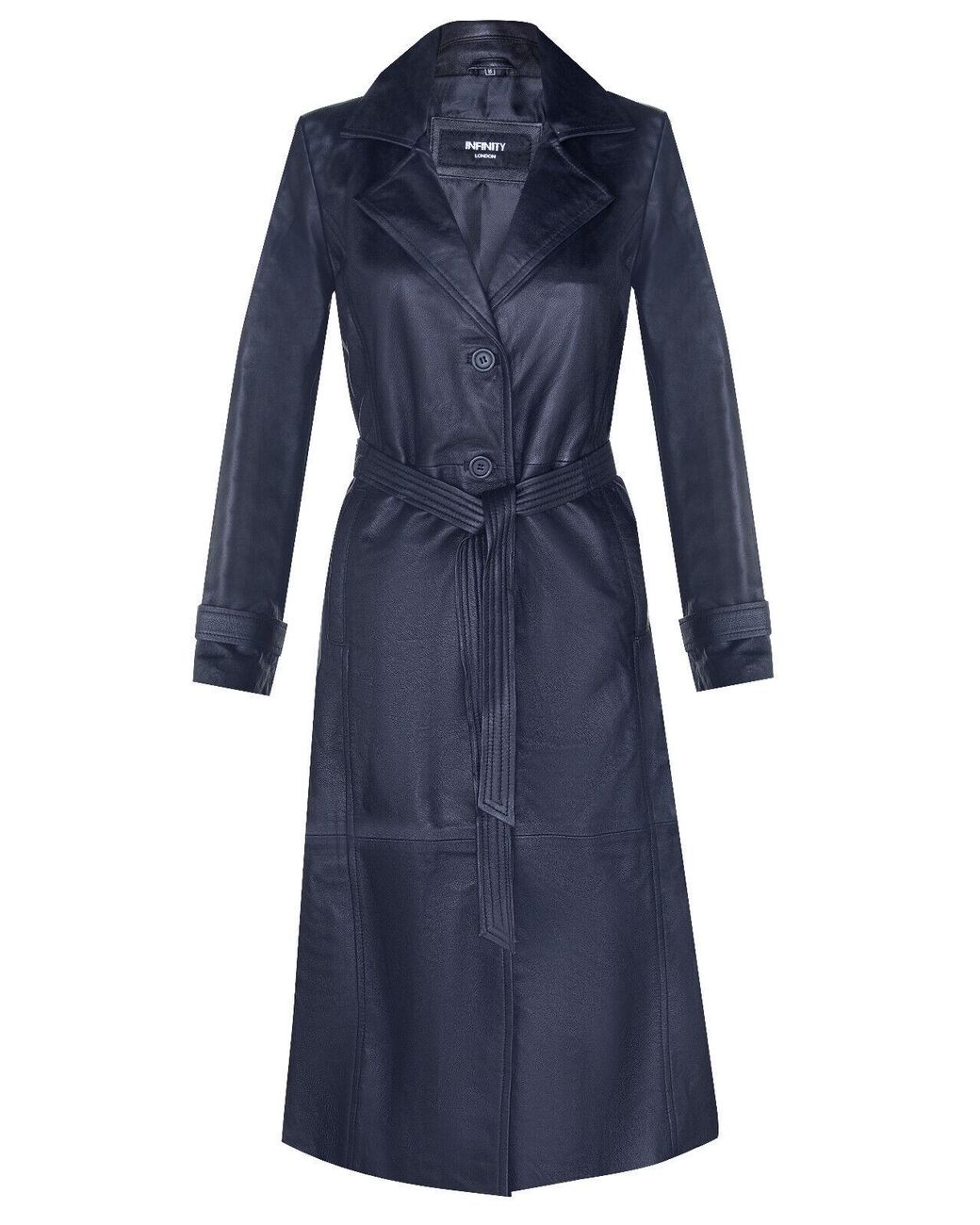 Infinity Leather Blue Long Length Tie Belt Trench Coat-Ongar