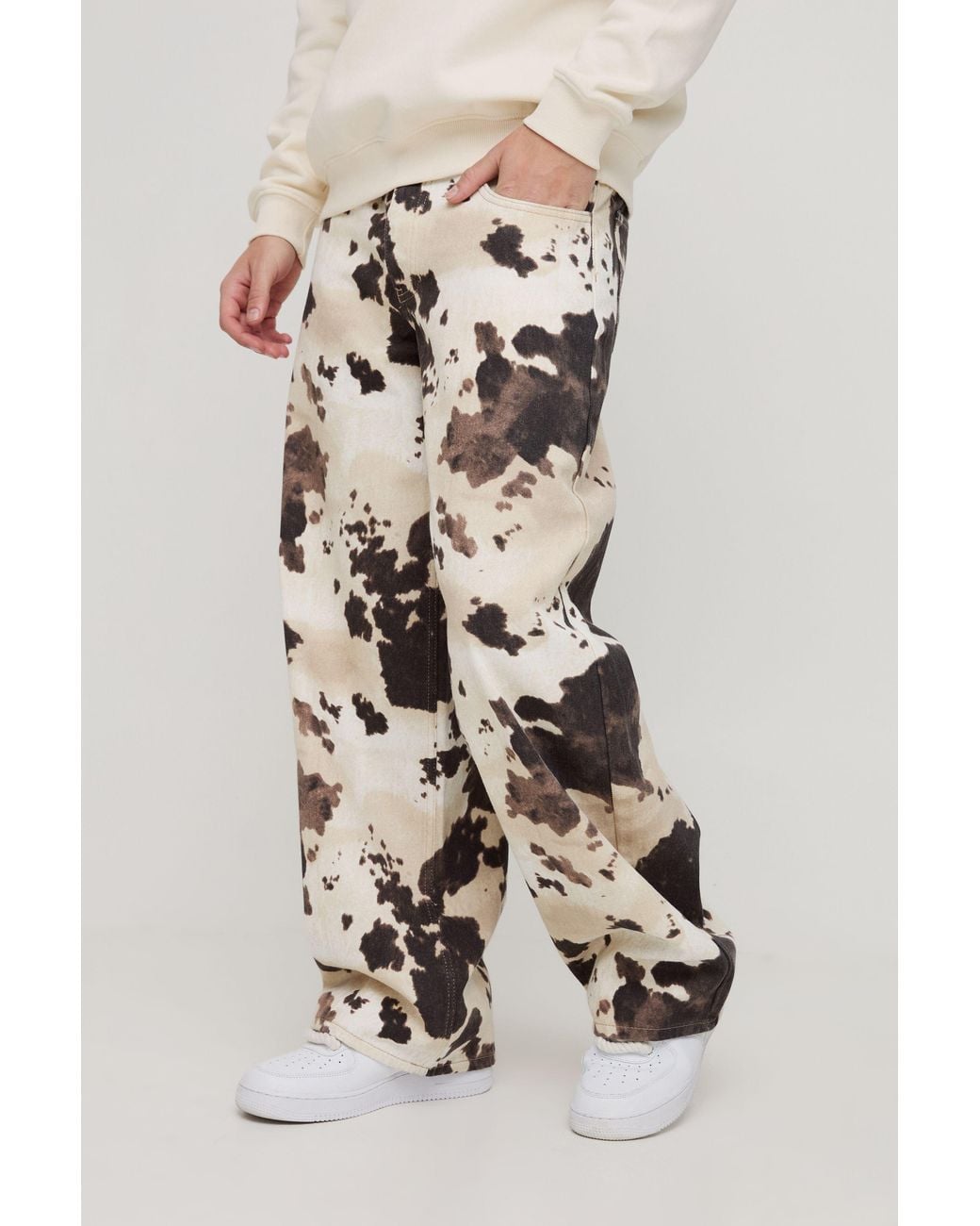 BoohooMAN White Baggy Fit Cow Print Denim Jeans for men