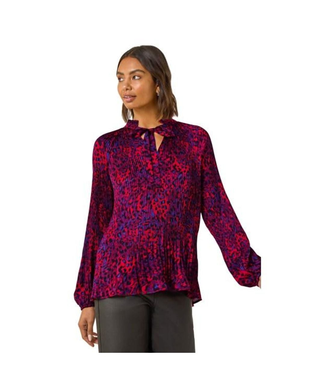 Roman Purple Animal Print Tie Neck Pleated Top