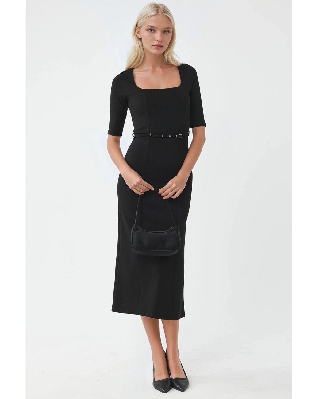 Busem Black Belted Midi Dress With Square Collar