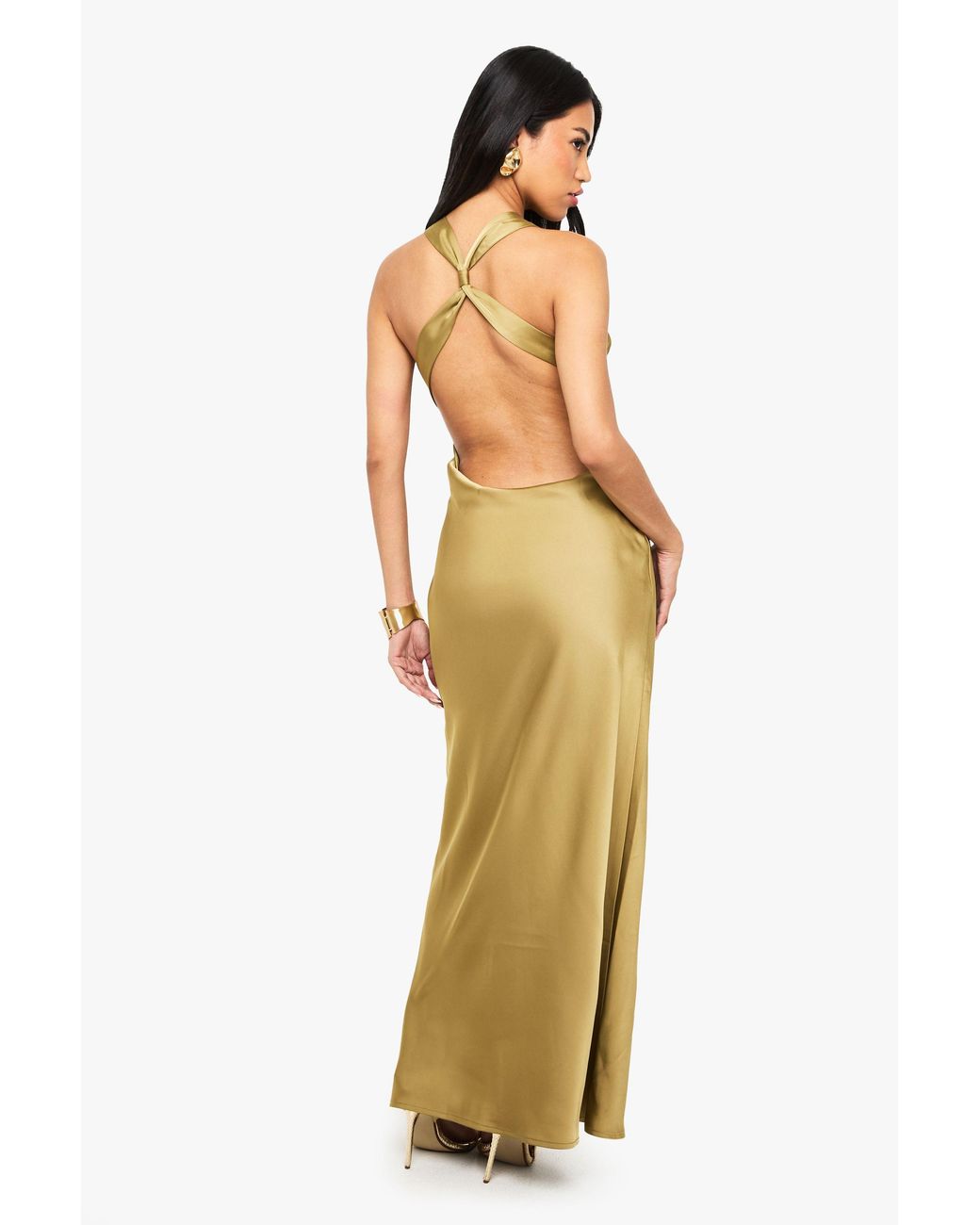 Boohoo Yellow Drape Back Satin Maxi Dress