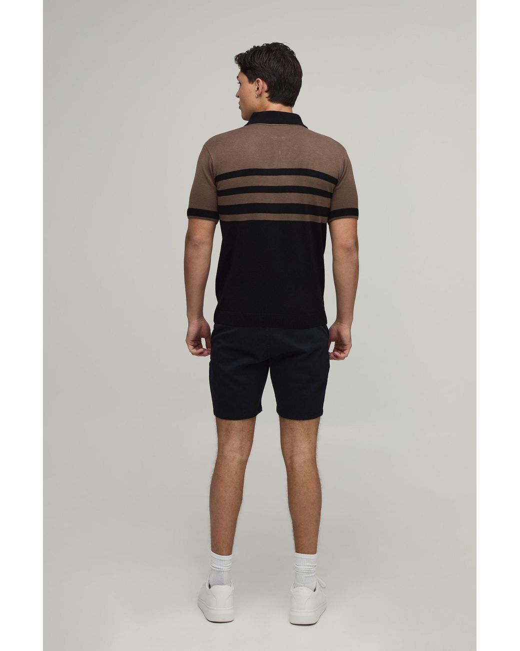BoohooMAN Black Regular Fit 1/4 Zip Striped Knitted Polo for men