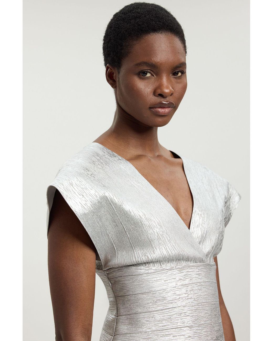 Karen Millen White Foil Metallic Figure Form Bandage Angel Sleeve Top