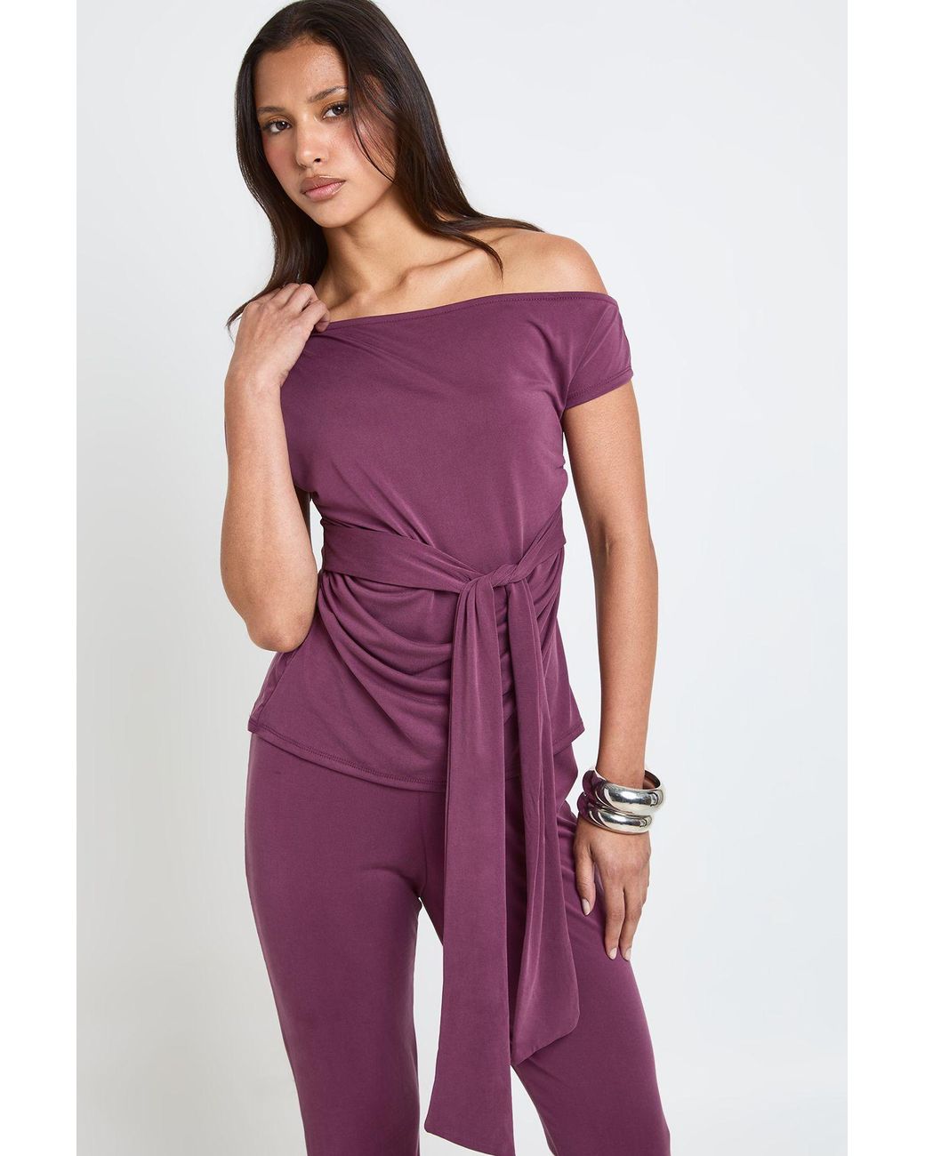 Boohoo Purple Modal Off The Shoulder Tie Waist Top